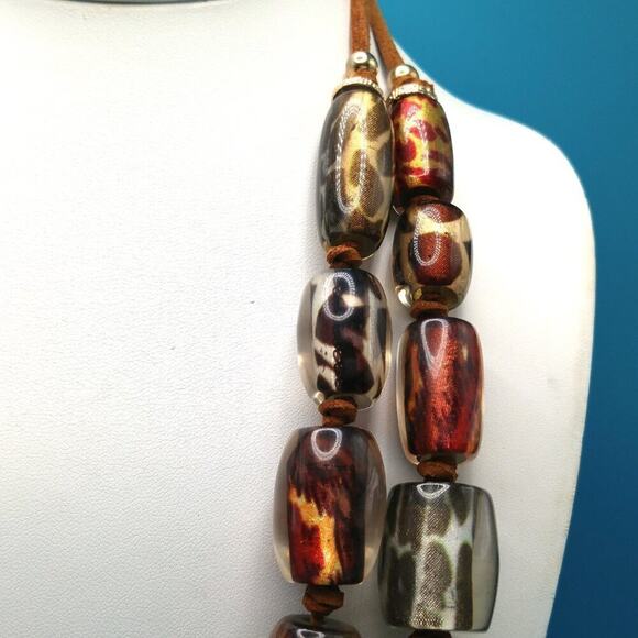 Chico's Animal Print Large Bead Necklace, Clear Lucite, 2 Suede Strands, 28 Inch - Picture 5 of 10